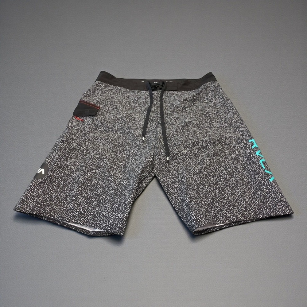 RVCA Board Shorts Mens 34 Black White Speckled 4-Way Stretch Teal Logo Surf